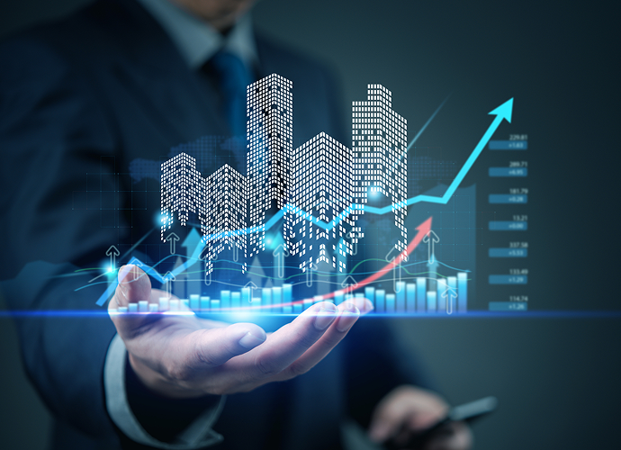 Hand presenting futuristic urban financial data
